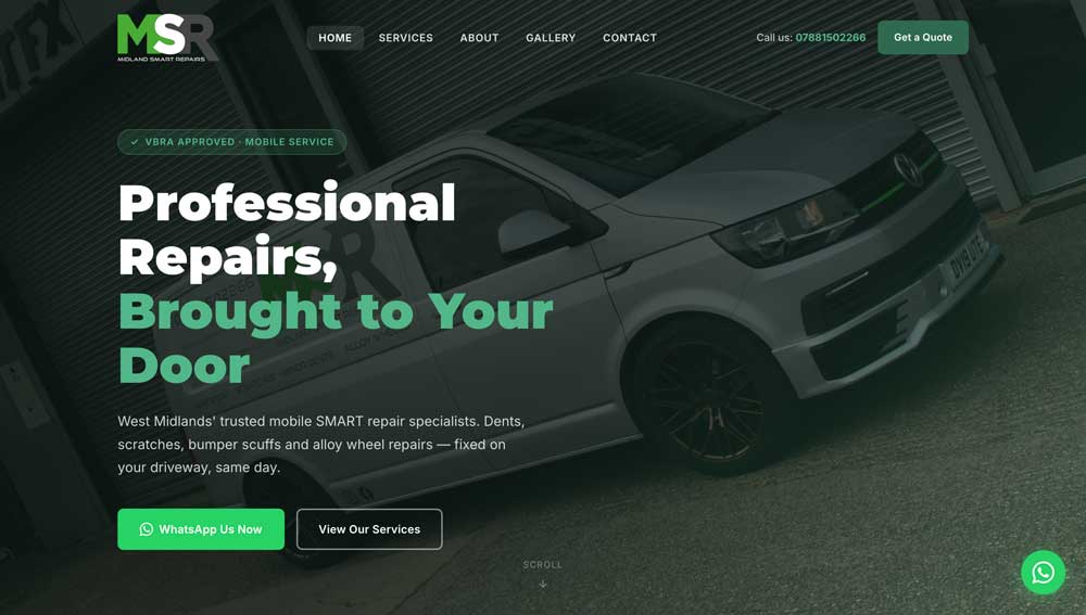 Midlands Smart Repairs — Mobile Car Body Repair Website with WhatsApp Direct Contact